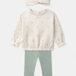 Ensemble sweat écru + legging vert +  bandeau Bébé Fille