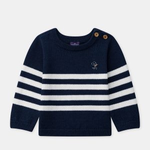 Pull bleu marine à rayures blancs Bébé Garçon
