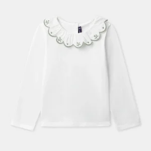 T-shirt écru à col et manches longues Fille
