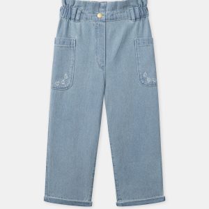 Jean bleu clair à broderies fleurs Fille