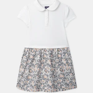 Robe bi-matière écrue ou imprimée fleurie Fille