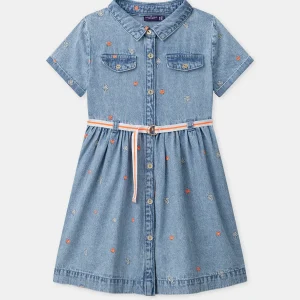 Robe chemise denim à broderies fleurs Fille
