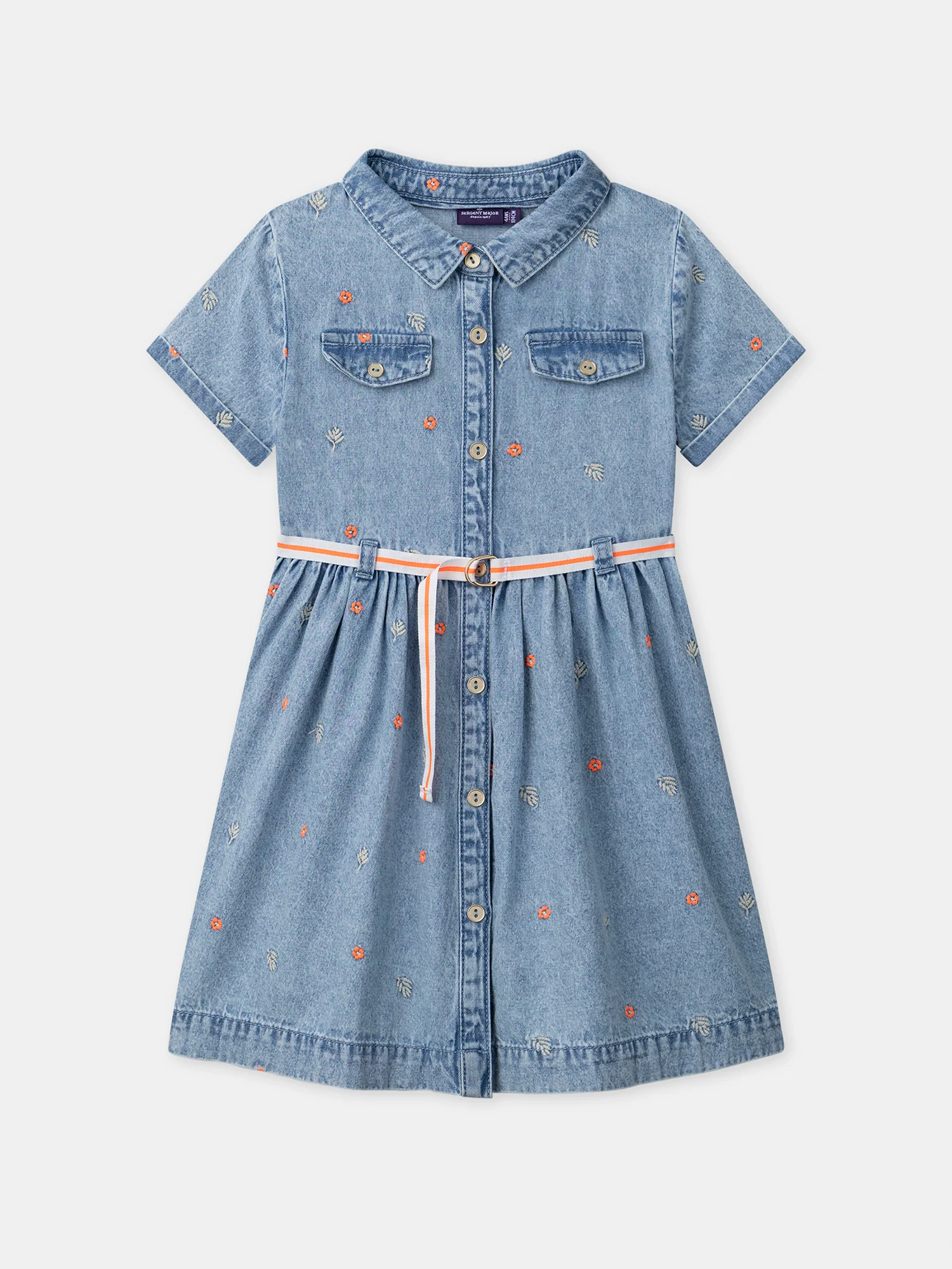 Robe chemise denim à broderies fleurs Fille