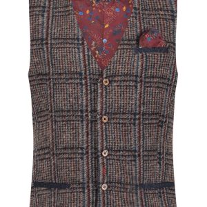 A Fish Named Fred Wool Small Check Waistcoat Brown