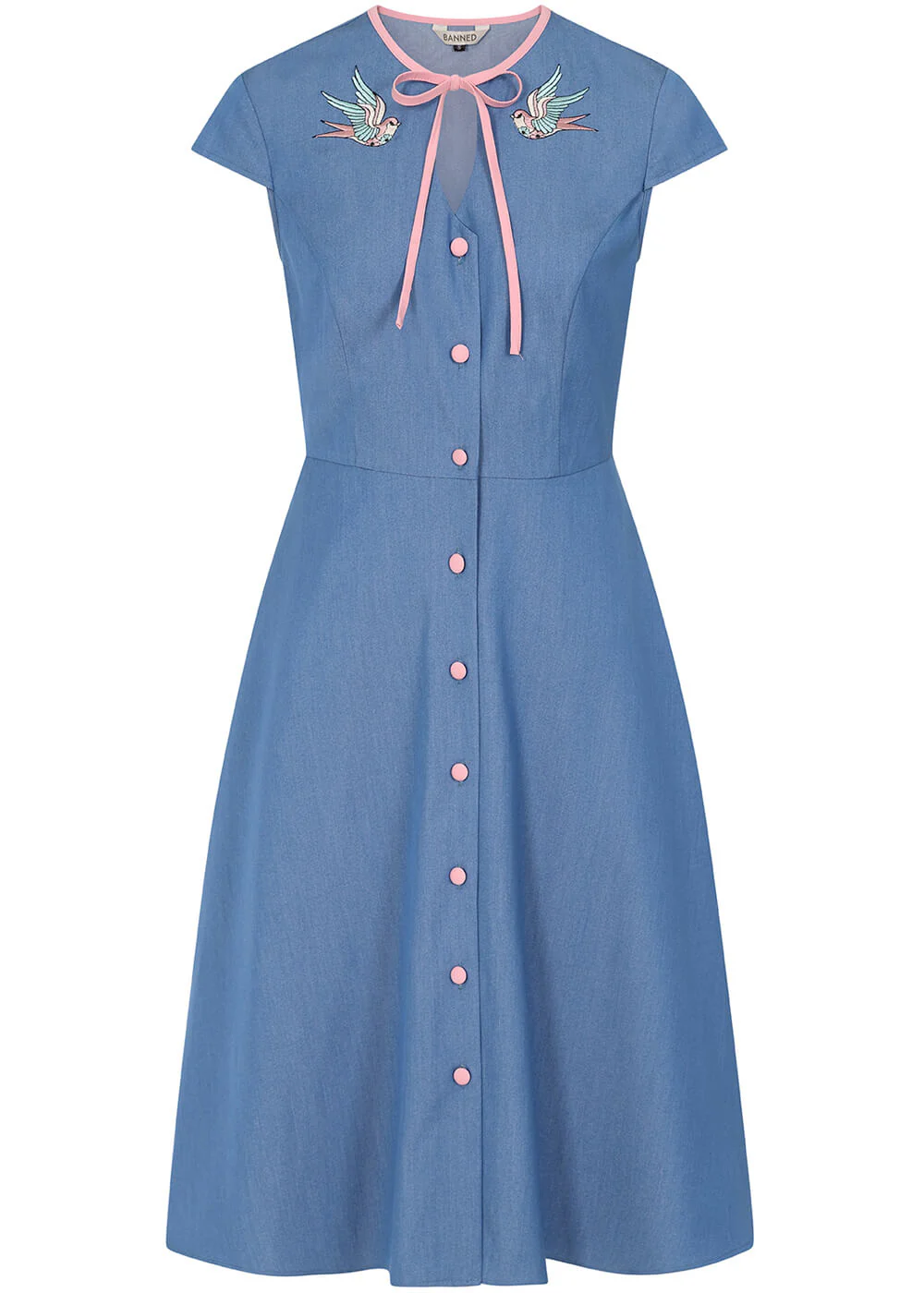 Banned Millie Swallows Denim 50's Swing Dress Blue – Image 2