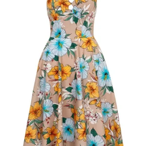 Hell Bunny Pattaya Floral 50's Swing Dress Beige