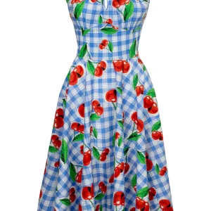 Hell Bunny Picnic Gingham Cherry 50's Swing Dress Blue