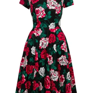 Hell Bunny Paint Me Roses 50's Swing Dress Black
