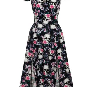 Hell Bunny Dorian Skull Roses 50's Midi Dress Black