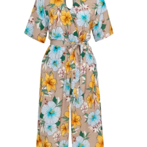 Hell Bunny Pattaya Floral 40's Jumpsuit Beige Colored