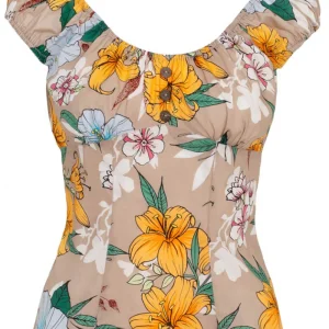 Hell Bunny Pattaya Floral Top Beige Coloured
