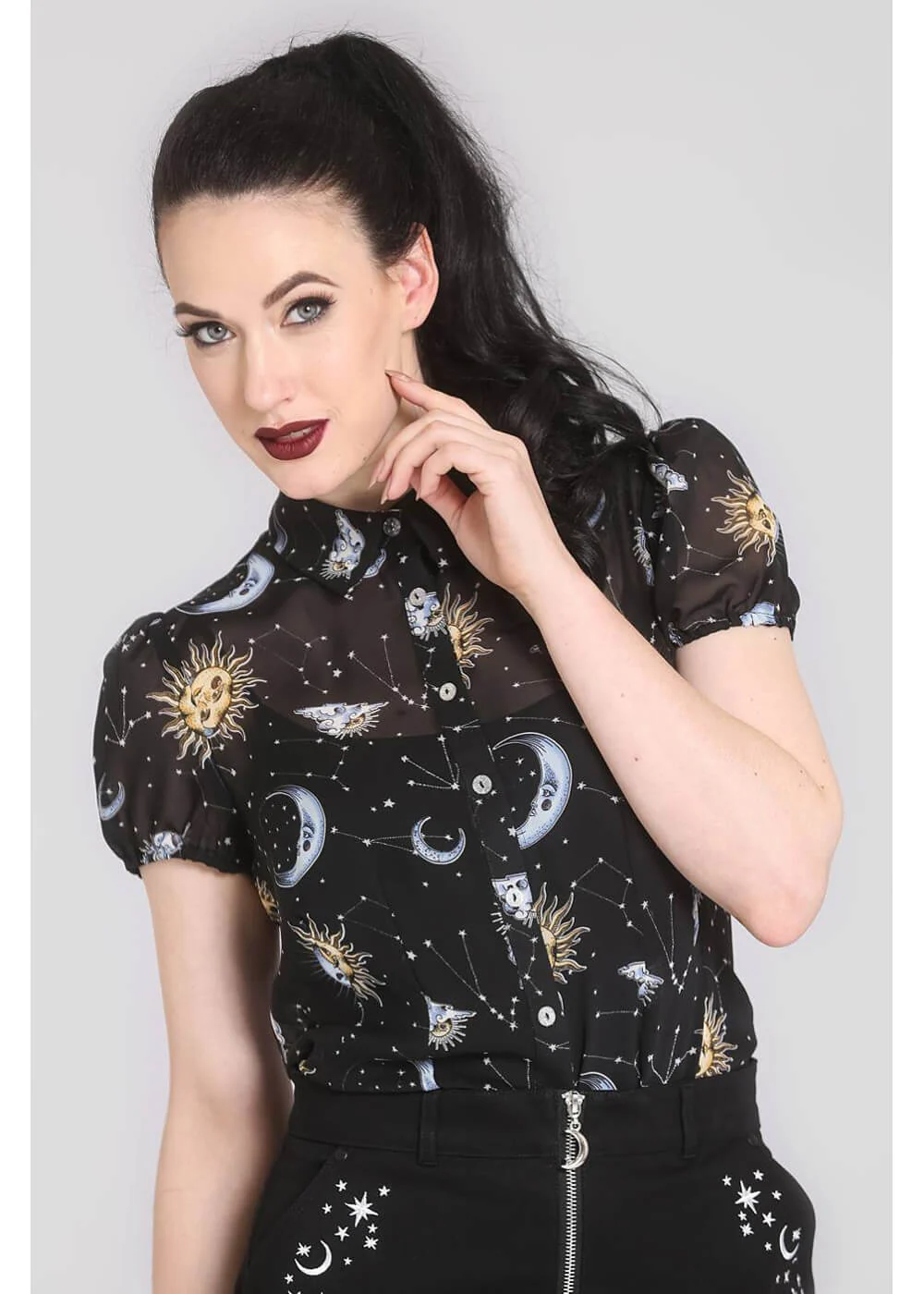 Hell Bunny Solaris Sun & Moon 70's Blouse Black – Image 7