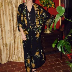 One Hundred Stars Chrysanthemum Crepe Palazzo Trousers Black