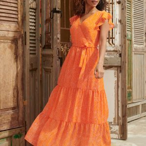 Smashed Lemon Coral Reef 70's Maxi Jurk Coral Orange