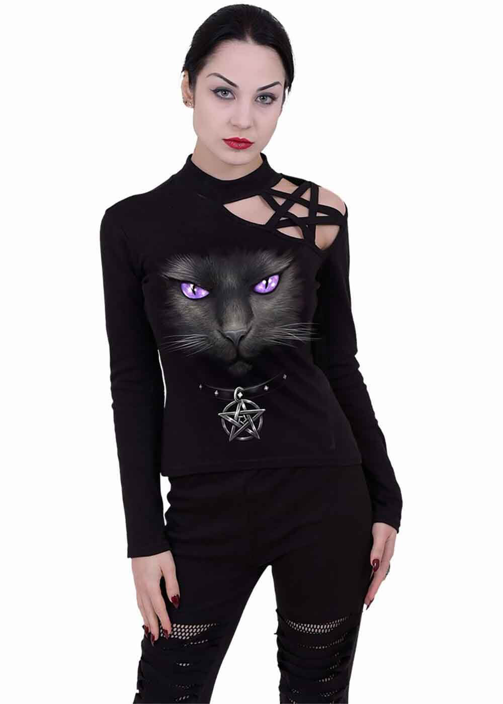 Spiral Black Cat Pentagram Top Black – Image 3