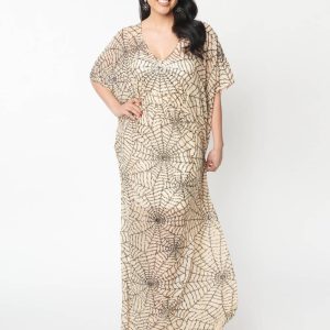 Unique Vintage Burton Spiderweb Sequin 20's Caftan Maxi Dress Nude