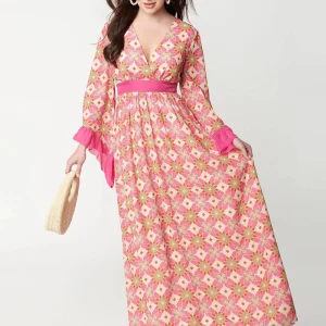 Unique Vintage Stained Glass Floral 70's Maxi Dress Pink