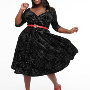 Unique Vintage Spiderweb Glitter Velvet 50's Swing Dress Black