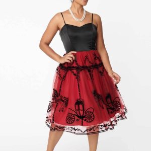 Unique Vintage Bertie Carousel 50's Swing Dress Black Burgundy