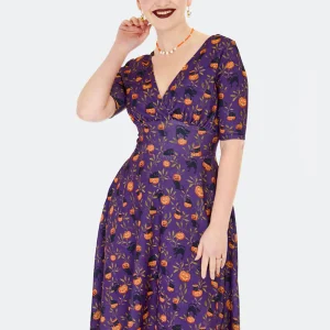 Voodoo Vixen Cat And Pumpkin 50's Swing Dress Purple