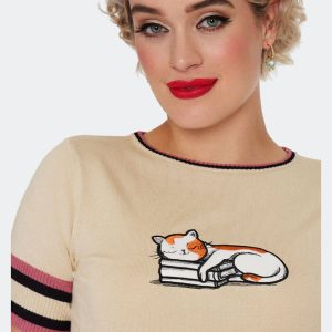Voodoo Vixen Cat Asleep On A Book 50's Sweater Cream